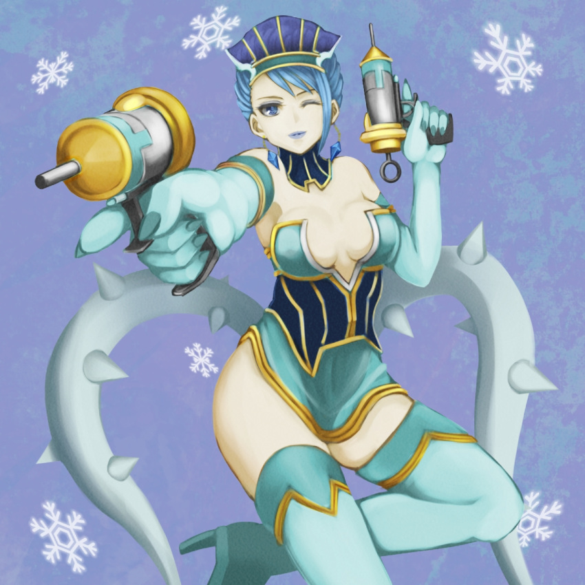 bare_shoulders, blue_eyes, blue_hair, blue_rose_(tiger_&amp;_bunny), boots, breasts, cleavage, deni_m