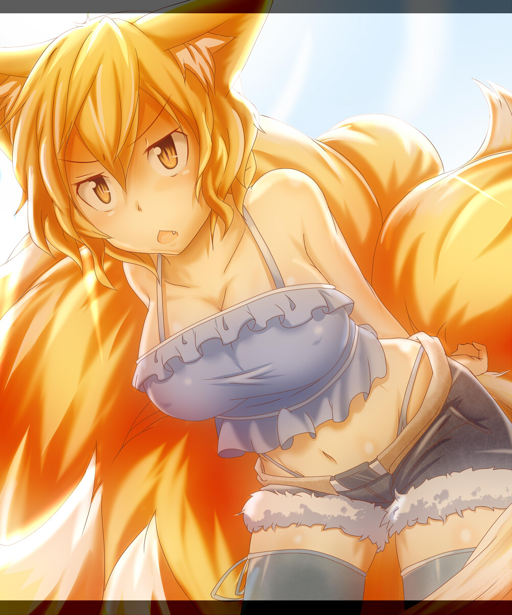 :<, alternate_costume, animal_ears, blonde_hair, contemporary, fang, fox_ears, fox_tail