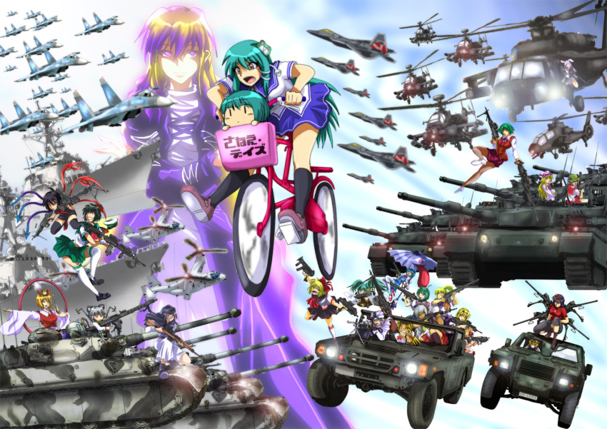 6+girls, ah-64, ah-64_apache, airplane, alice_margatroid, animal_ears, antennae, assault_rifle