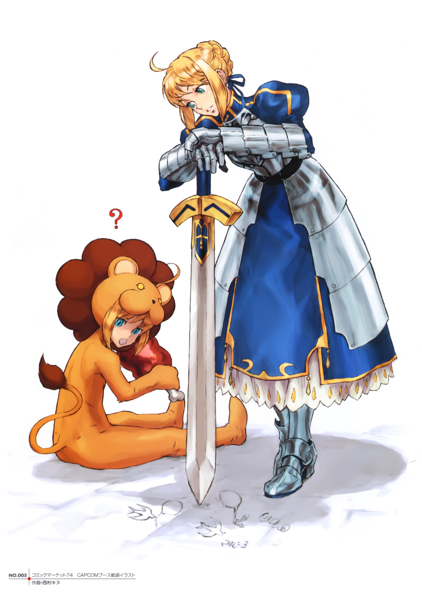 absurdres, ahoge, armor, armored_dress, blonde_hair, blue_eyes, boned_meat, cosplay, costume, dress, dual_persona, fate/stay_night, fate/tiger_colosseum, fate/unlimited_codes, fate_(series), faulds, food, highres, lion, meat, mister_donut, monty_python, nishimura_kinu, parody, pon_de_lion, pon_de_lion_(cosplay), saber, saber_lion, short_hair, sword, weapon