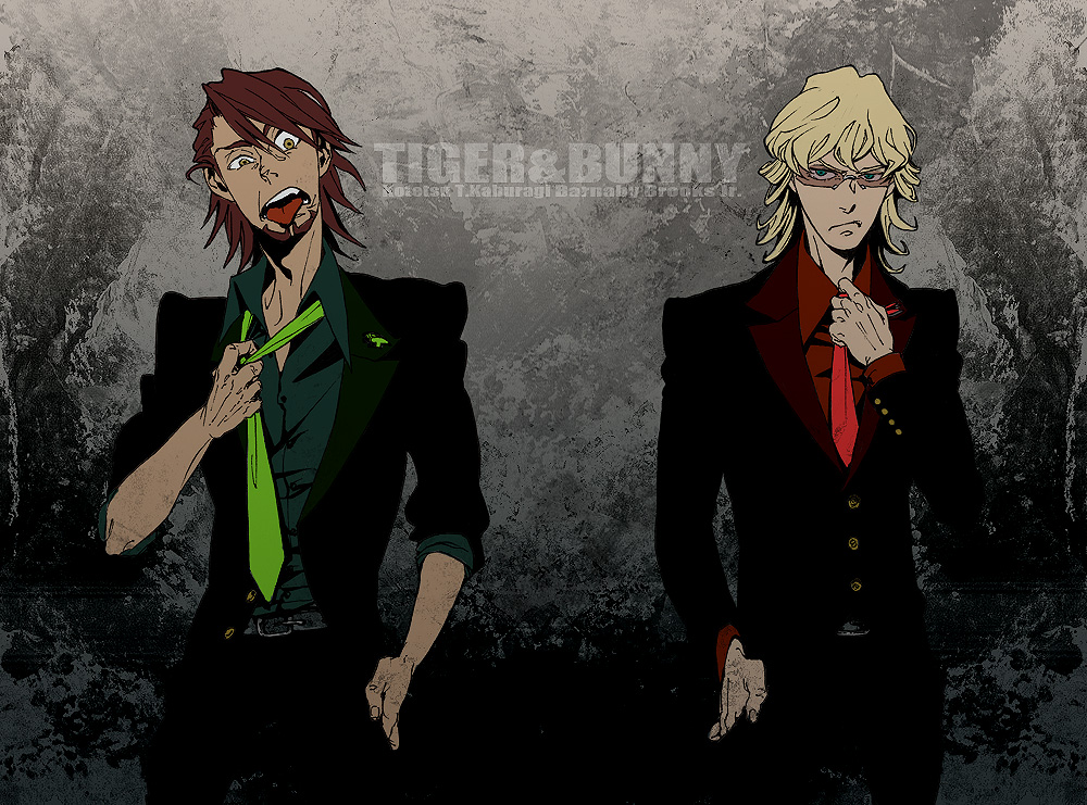 barnaby_brooks_jr, belt, blonde_hair, brown_eyes, brown_hair, facial_hair, formal, glasses, green_eyes, kaburagi_t_kotetsu, male, multiple_boys, necktie, short_hair, stubble, suit, tiger_&amp;_bunny, tongue, zakk