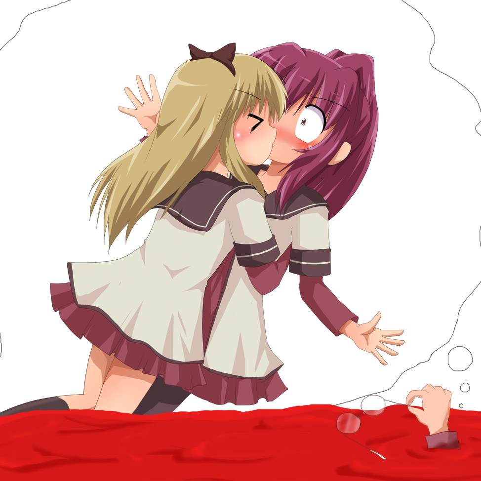 >_<, blonde_hair, blood, blush, bow, epic_nosebleed, glasses, glasses_removed