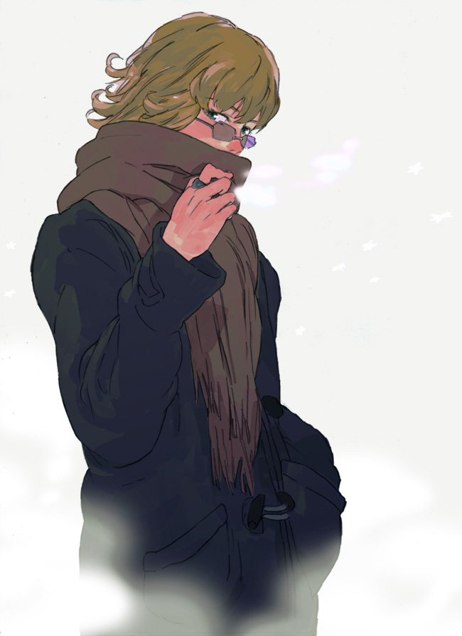 barnaby_brooks_jr, blonde_hair, coat, cold, glasses, green_eyes, hand_in_pocket, jewelry, jutu, male, ring, scarf, solo, tiger_&amp;_bunny, winter_clothes