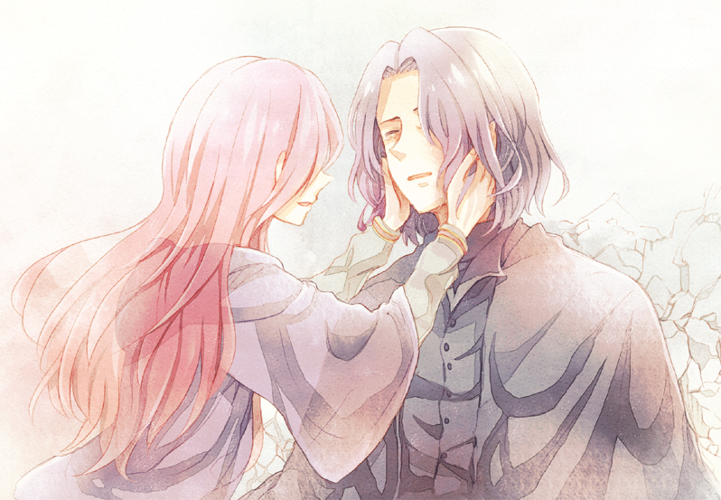 1girl, ao2222, black_hair, closed_eyes, couple, eyes_closed, ghost, harry_potter, lily_evans, long_hair, open_mouth, red_hair, redhead, severus_snape, tears, transparent