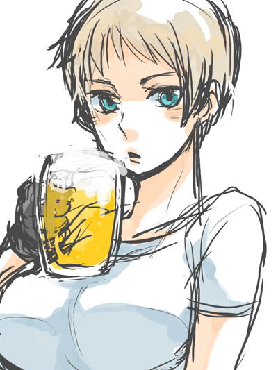 alcohol, axis_powers_hetalia, bad_id, beer, blonde_hair, blue_eyes, blush, breasts