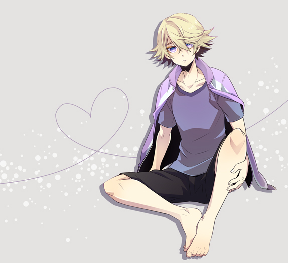 bad_id, barefoot, blonde_hair, ivan_karelin, jacket, letterman_jacket, male, moto, purple_eyes, purple_jacket, short_hair, shorts, solo, t-shirt, tiger_&amp;_bunny, violet_eyes