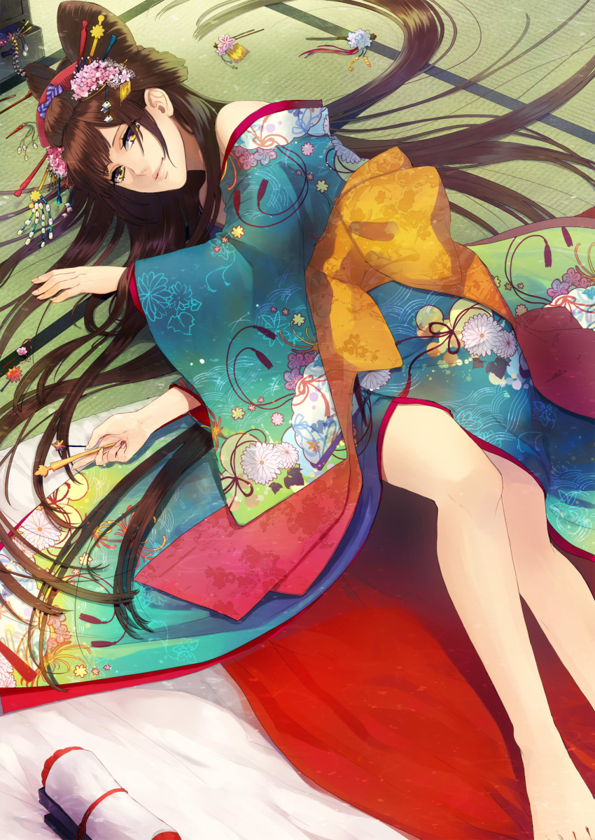 bare_legs, bare_shoulders, barefoot, brown_hair, double_bun, dutch_angle, fingernails, floral_print