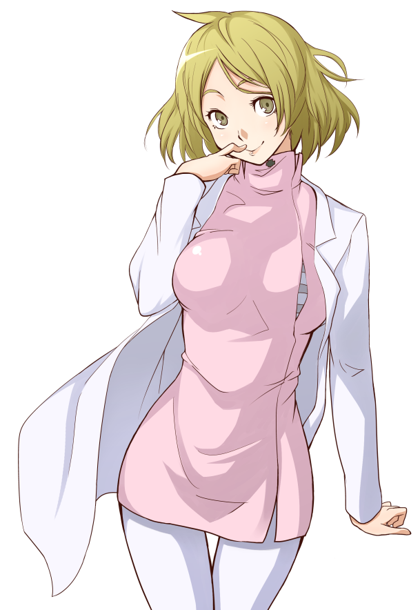blonde_hair, brown_eyes, brown_hair, devil_survivor_(series), devil_survivor_2, dress, labcoat, nurse