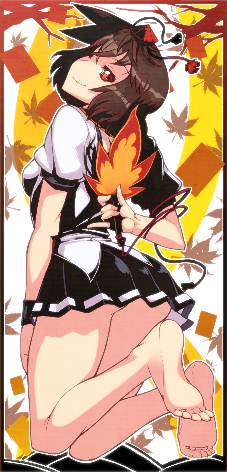 ass, bare_legs, barefoot, black_hair, brown_hair, fan, feet, hair_over_one_eye