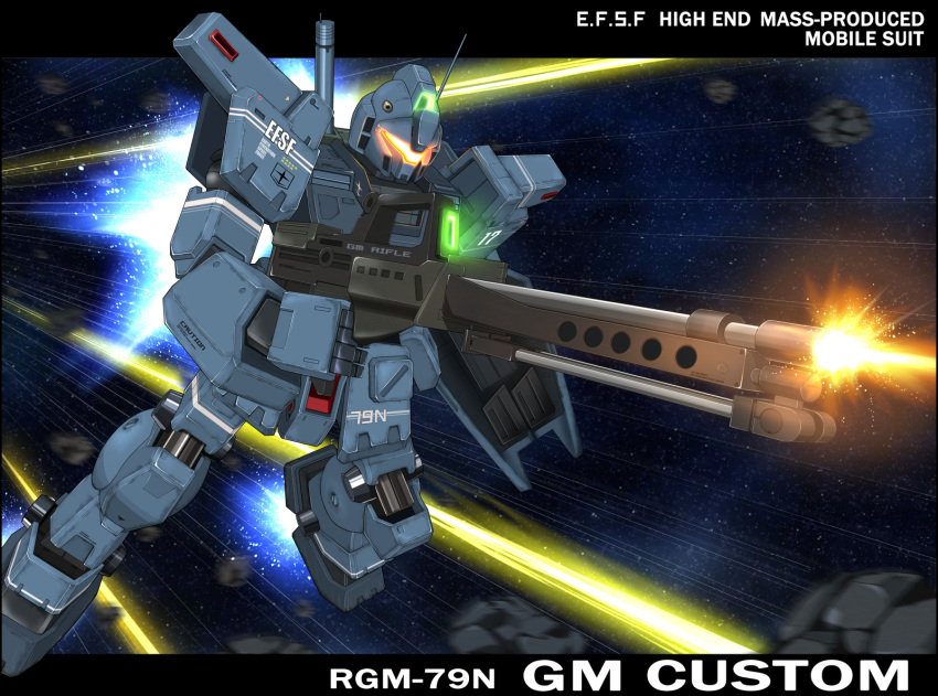 asteroid, energy_beam, gm_custom, gun, gundam, gundam_0083, highres, homura_shuusaku, letterboxed, mecha, no_humans, rifle, shield, solo, space, text, weapon
