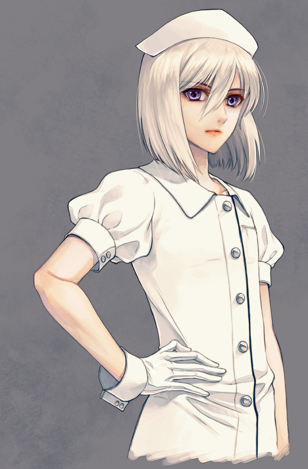 androgynous, ayamiya_fumi, bangs, blonde_hair, crossdressinging, cuffs, frown, gloves, hand_on_hip, hat, hips, lips, looking_at_viewer, male, namgs, nurse, nurse_cap, original, puffy_sleeves, purple_eyes, short_hair, short_sleeves, simple_background, solo, trap, violet_eyes, white_hair