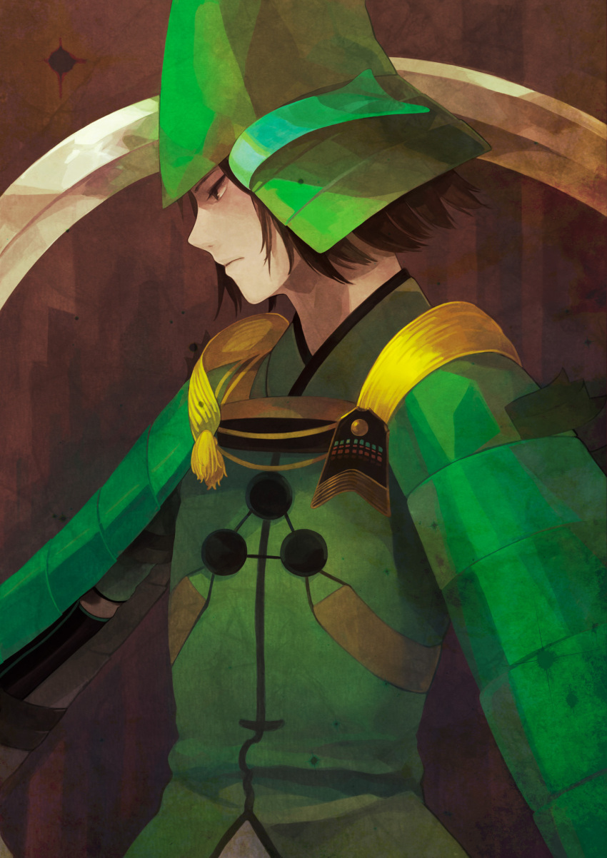 armor, blade, brown_eyes, brown_hair, helmet, highres, male, mouri_motonari
