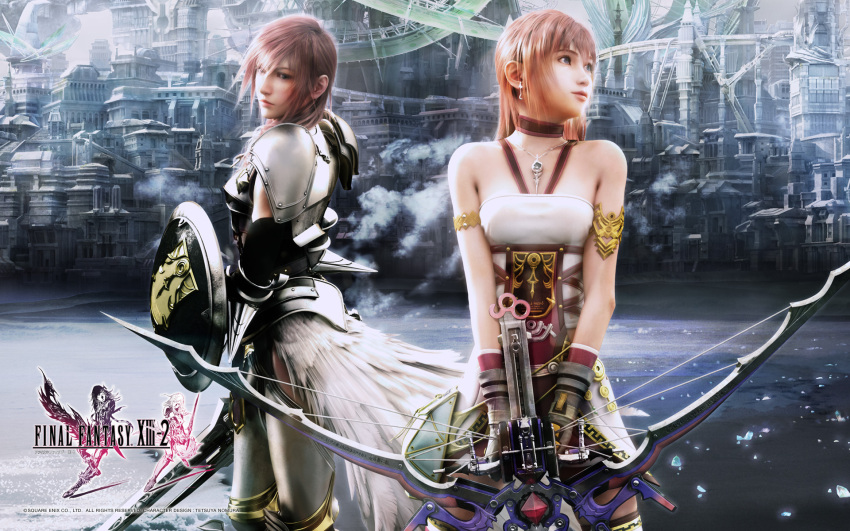2girls, armor, blue_eyes, bow_and_arrow, city, final_fantasy, final_fantasy_xiii, final_fantasy_xiii-2