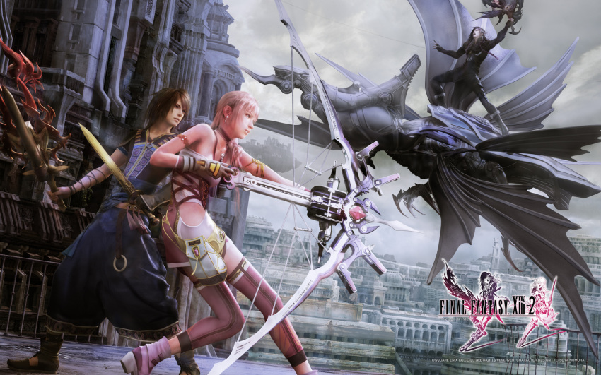 black_hair, bow_and_arrow, brown_hair, dual_blades, fighting, final_fantasy, final_fantasy_xiii, final_fantasy_xiii-2