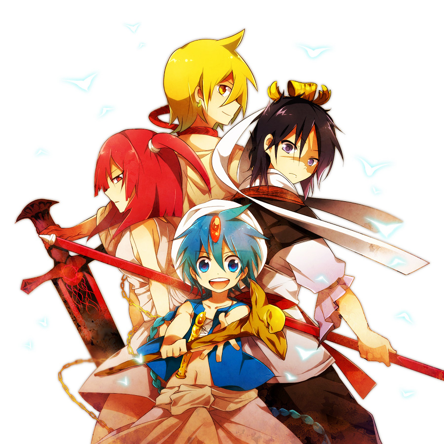 ali_baba_saluja, bad_id, black_hair, blonde_hair, blue_eyes, blue_hair, chain, chains, connren, dress, magi_the_labyrinth_of_magic, morgiana, polearm, polearms, red_eyes, red_hair, redhead, ren_hakuei, ren_hakuryuu, short_hair, side_ponytail, staff, sword, turban, weapon, white_dress, yellow_eyes