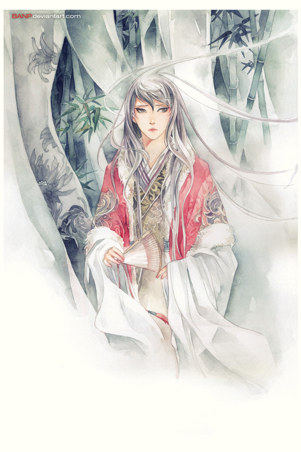 banp, black_eyes, black_hair, fan, folding_fan, long_hair, original, sleeves_past_wrists