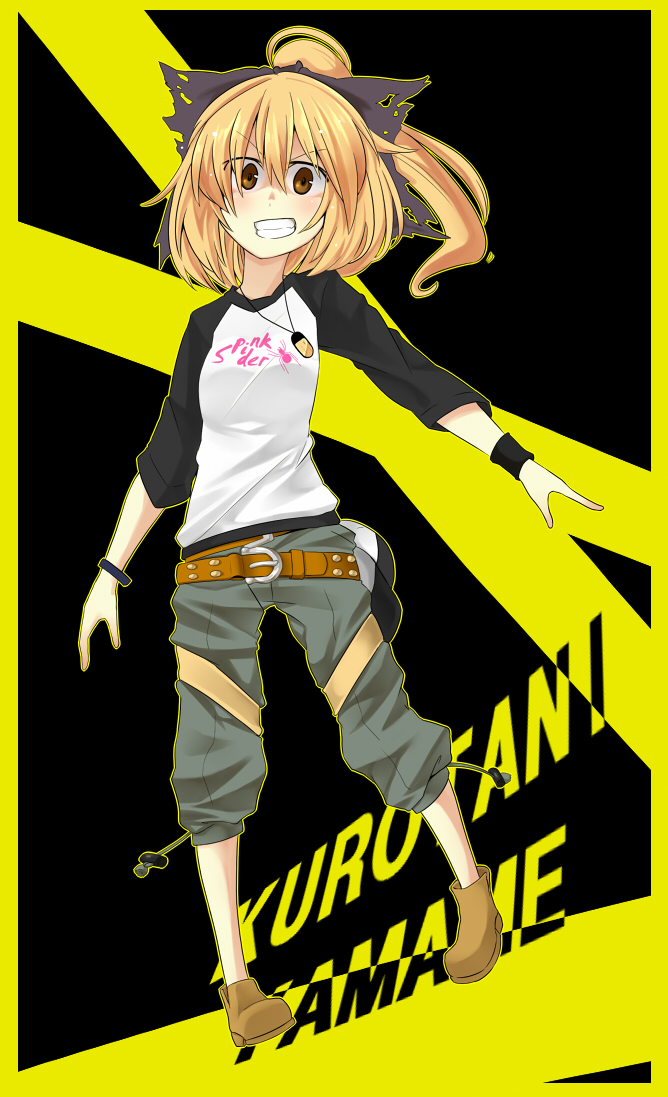 alternate_costume, blonde_hair, brown_eyes, casual, clothes_writing, clothing_writing, contemporary, hachi105