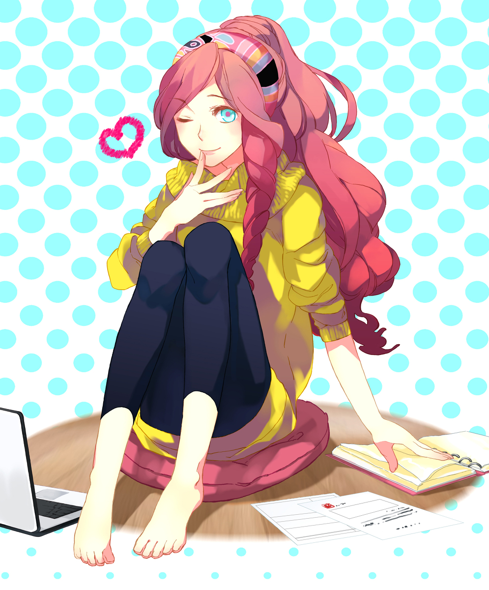 barefoot, book, computer, crossdressing, crossdressinging, hairband, heart, highres