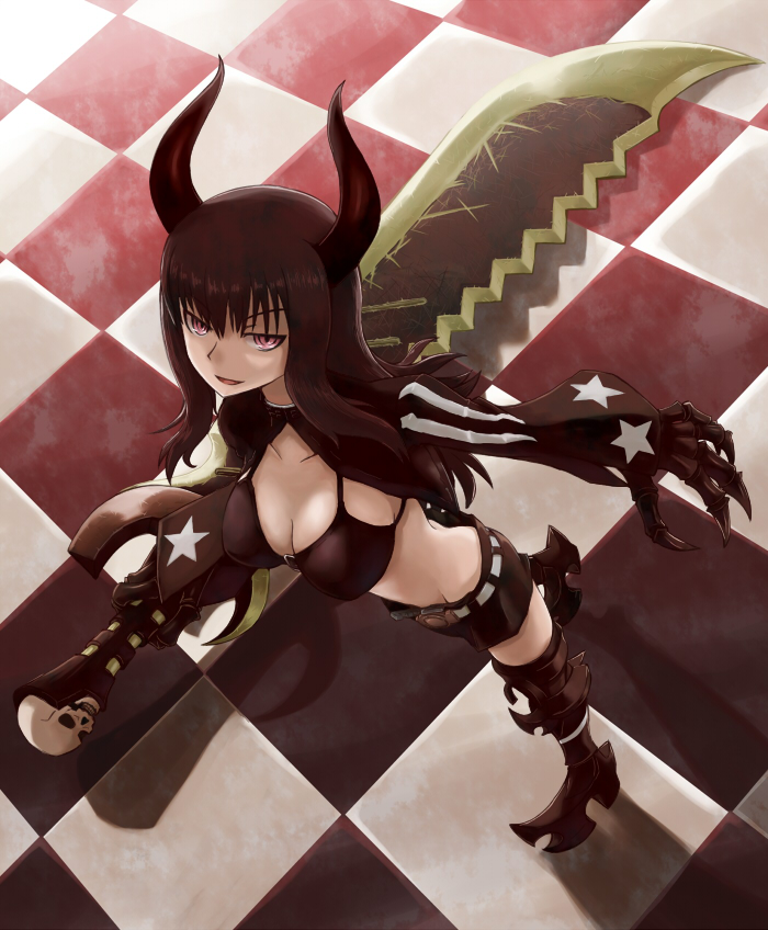 black_gold_saw, black_hair, black_rock_shooter, boots, breasts, checkered, checkered_floor, cleavage
