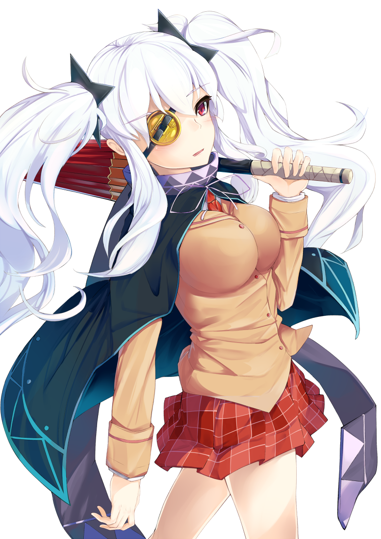 aiya, albino, bad_id, between_breasts, breasts, cape, capelet, closed_umbrella