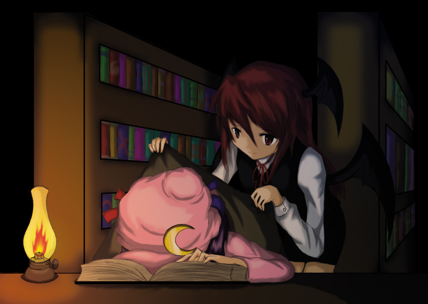 ???, book, bookshelf, crescent, dress_shirt, head_wings, highres, koakuma
