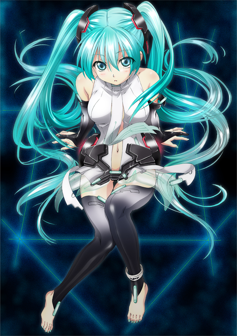 anklet, aqua_eyes, aqua_hair, barefoot, elbow_gloves, fingerless_gloves, gloves, hatsune_miku