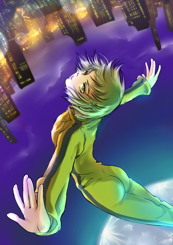 bruce_lee's_jumpsuit, bruce_lee's_jumpsuit, full_moon, green_eyes, huang_baoling, jumping, karakara, moon