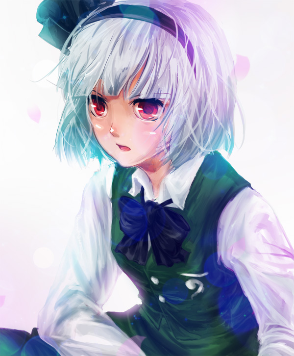 bowtie, bust, cherry_blossoms, hairband, konpaku_youmu, kuro_(al-dente_660), long_sleeves, open_mouth