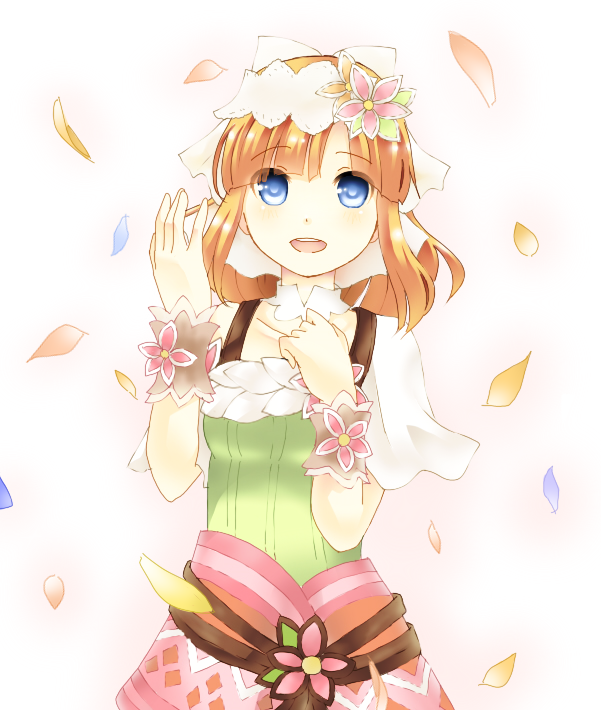 blonde_hair, blue_eyes, blush, dress, flower, hair_flower, hair_ornament, looking_up