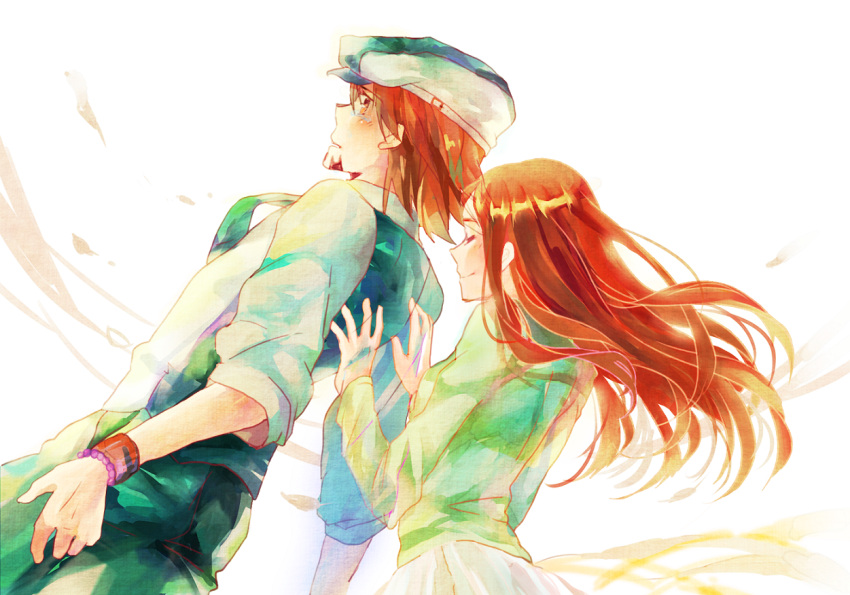 1girl, amamiya_tomoe, bracelet, brown_eyes, brown_hair, cabbie_hat, closed_eyes, couple
