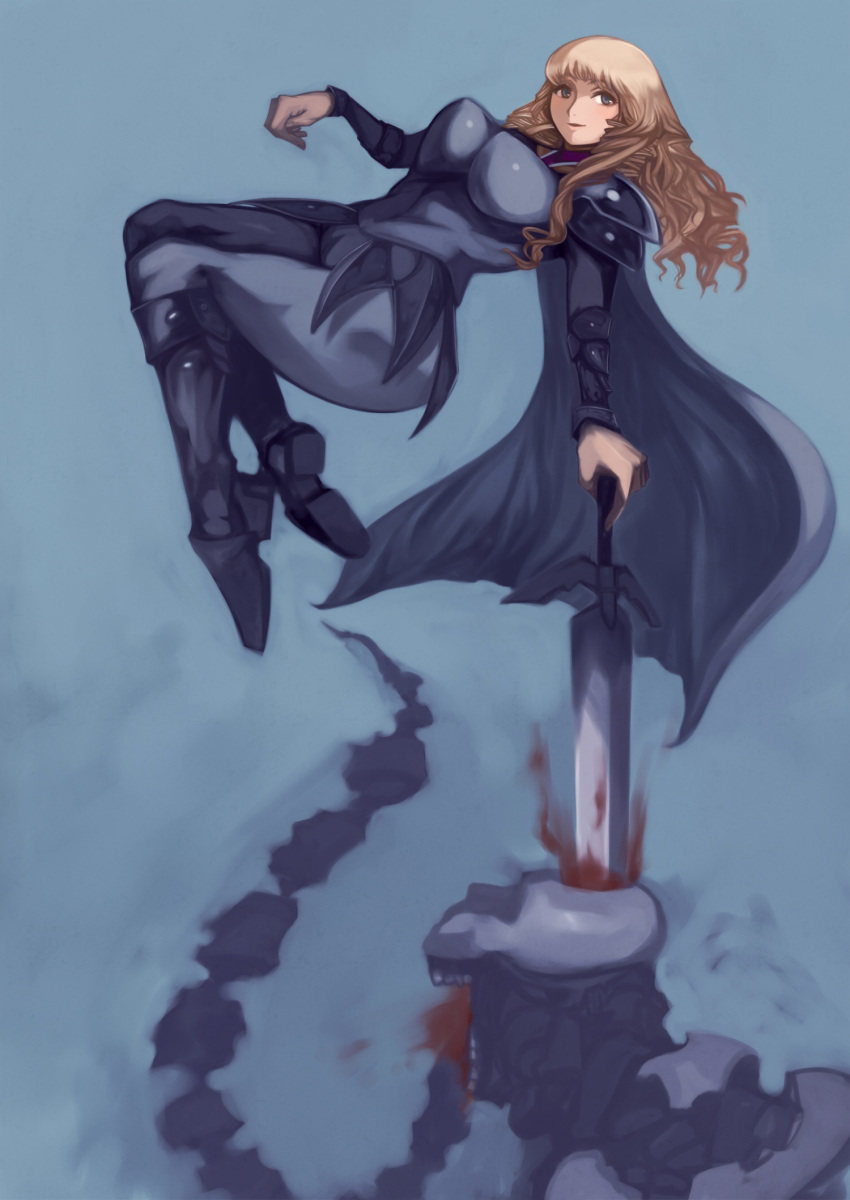 blonde_hair, blood, breasts, cape, claymore, claymore_(sword), grey_eyes, highres