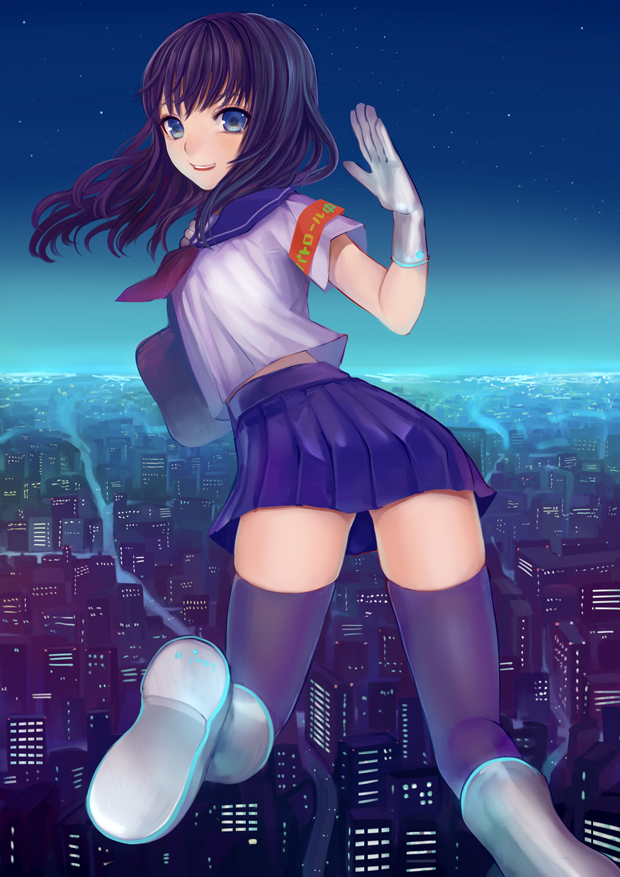 black_hair, black_legwear, blue_eyes, boots, building, city, cityscape, flying