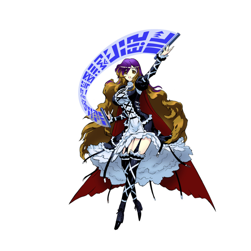 black_legwear, blonde_hair, breasts, brown_eyes, cape, dress, gradient_hair, high_heels