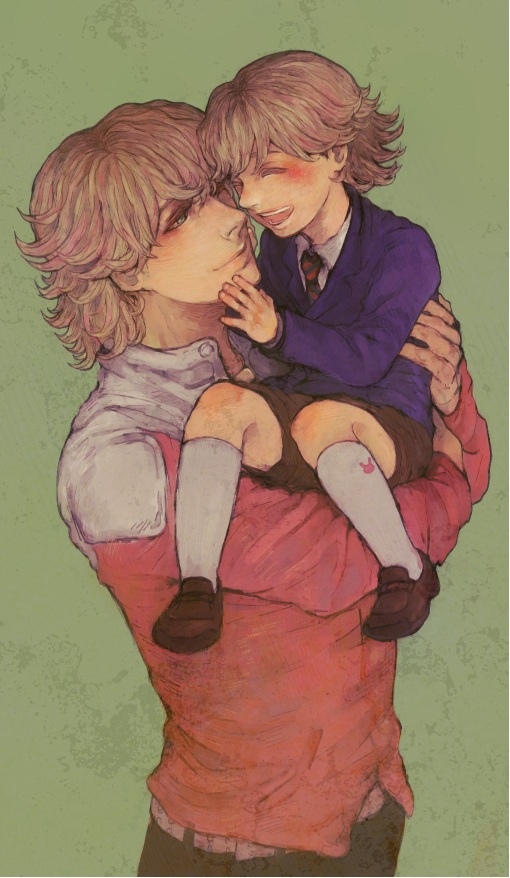 ^_^, ahi-ahi, barnaby_brooks_jr, blonde_hair, carrying, child, closed_eyes, eyes_closed, footwear, green_eyes, jacket, jewelry, kaburagi_t_kotetsu, male, multiple_boys, necklace, necktie, red_jacket, short_hair, shorts, socks, tiger_&amp;_bunny, time_paradox, young