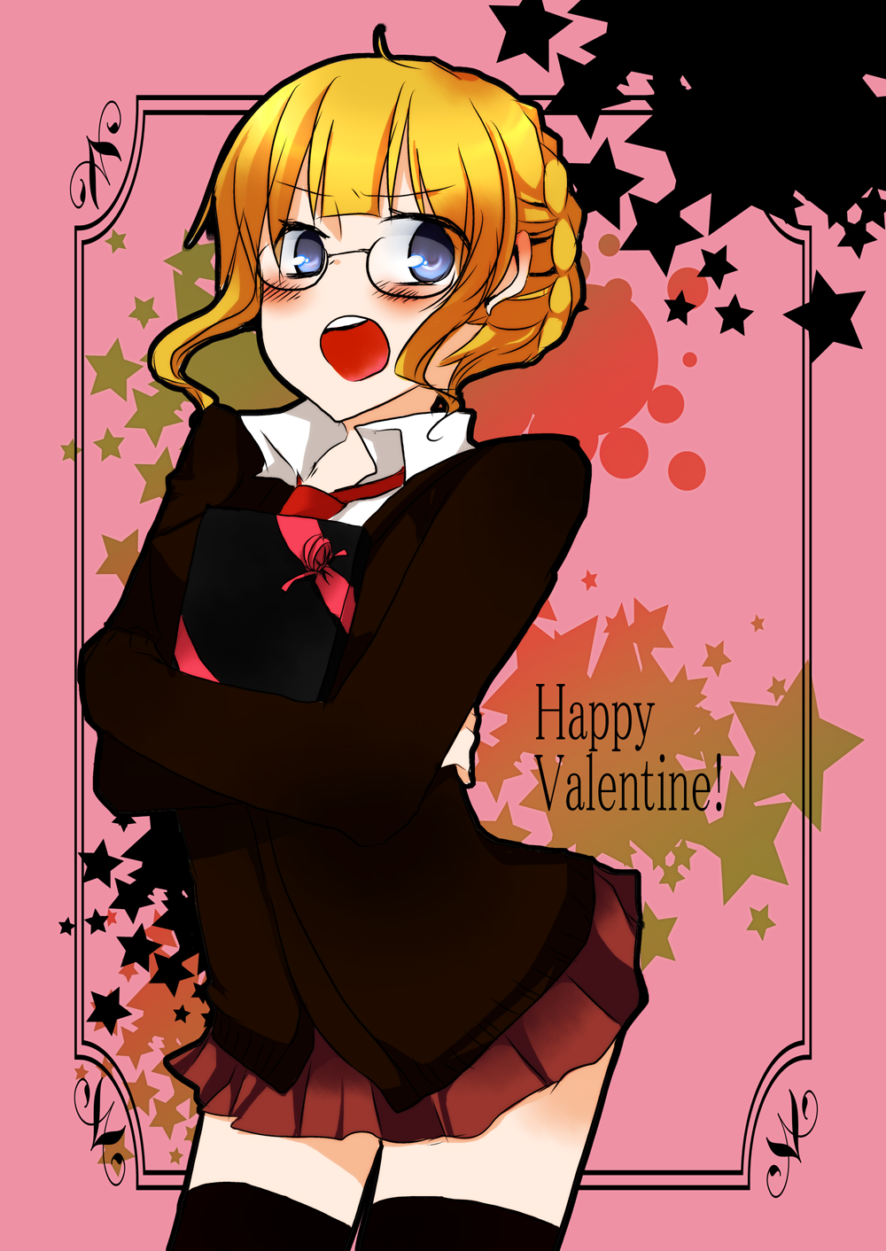 areco_kagu, beatrice, blonde_hair, blue_eyes, blush, crossed_arms, glasses, highres