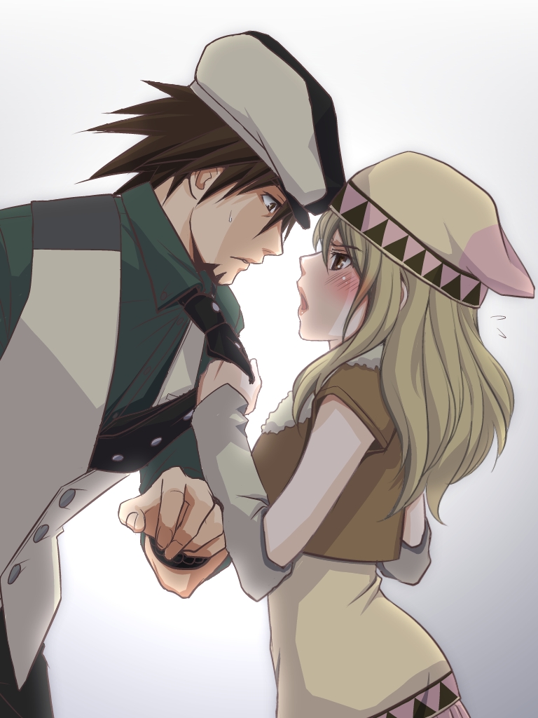 beanie, blonde_hair, blush, brown_eyes, brown_hair, cabbie_hat, detached_sleeves, dress, earrings, facial_hair, hat, jewelry, kaburagi_t_kotetsu, karina_lyle, lipstick, long_hair, makeup, male, necktie, short_hair, sleeveless, sleeveless_dress, stubble, sweat, tiger_&amp;_bunny, tomo-graphy, vest, waistcoat