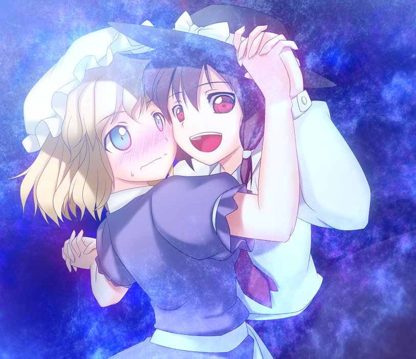 blonde_hair, blue_eyes, blush, brown_hair, bust, embarrassed, hands_clasped, hat
