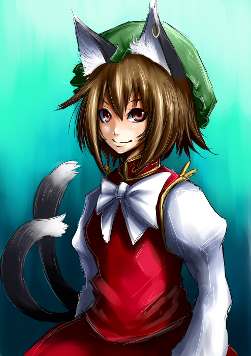 animal_ears, brown_eyes, brown_hair, bust, cat_ears, chen, earrings, jewelry