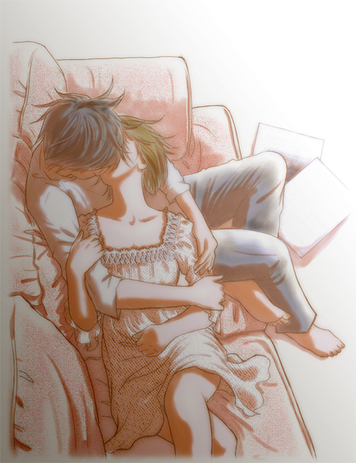 1girl, barefoot, black_hair, brown_hair, chiaki_shin'ichi, chiaki_shinichi, couch, couple