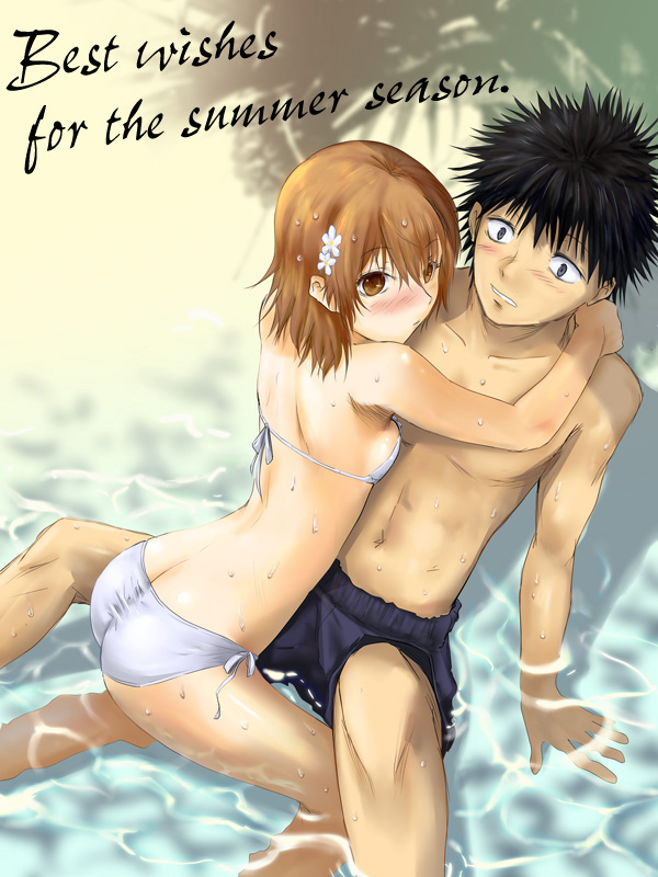 bikini, black_eyes, black_hair, blush, brown_eyes, brown_hair, hair_ornament, hairpin, kamijou_touma, kda10457, misaka_mikoto, spiked_hair, spiky_hair, swimsuit, to_aru_kagaku_no_railgun, to_aru_majutsu_no_index, water