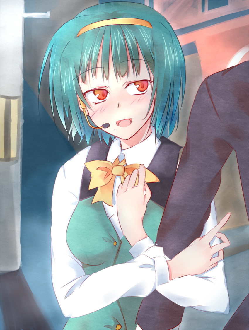 arm_hug, bob_cut, breasts, green_hair, headset, highres, idolmaster, mole, otonashi_kotori, red_eyes, shijou_hasekura, short_hair, vest
