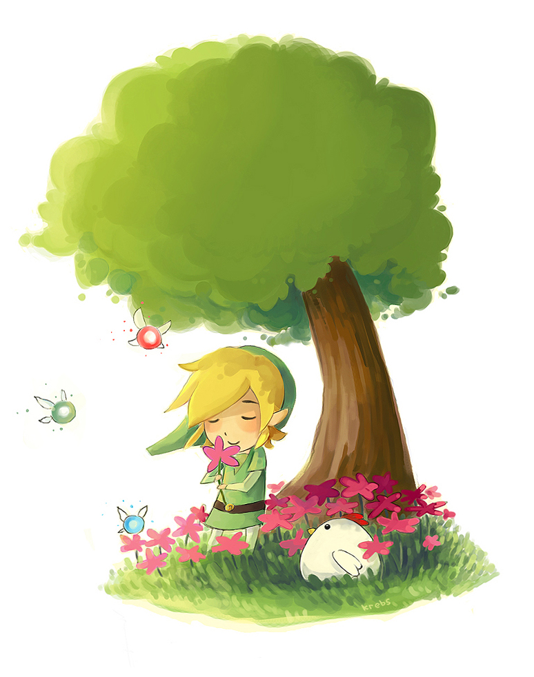 blonde_hair, closed_eyes, eyes_closed, fairy, flower, grass, hat, krebs, link, nature, nintendo, pointy_ears, short_hair, smile, standing, the_legend_of_zelda, tree, tunic