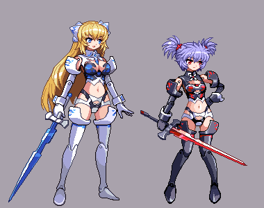 altines, altrene, armor, bikini_armor, blonde_hair, blue_eyes, blue_hair, breasts, busou_shinki, cleavage, doll_joints, e79, hand_on_hip, hips, long_hair, lowres, multiple_girls, navel, pixel_art, red_eyes, sword, thigh-highs, thighhighs, weapon