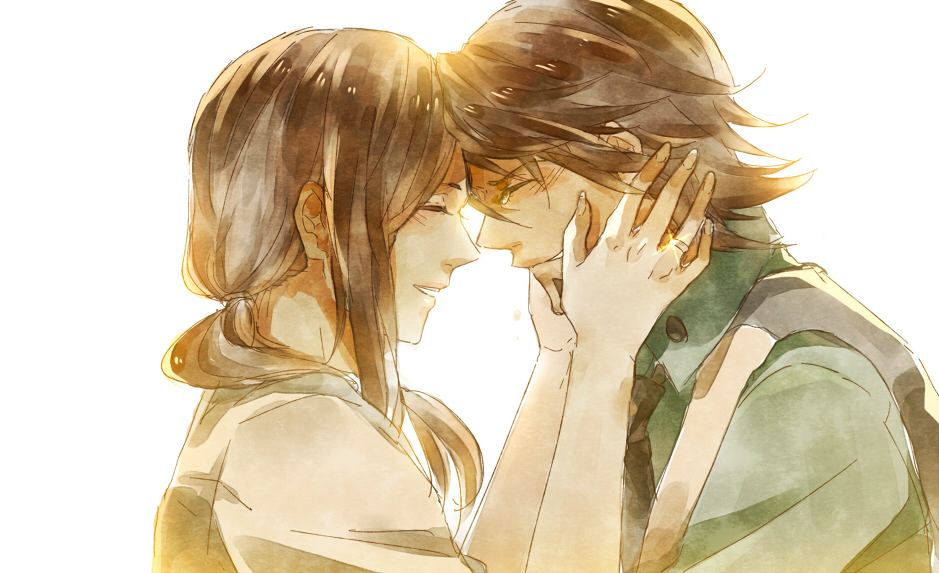 1girl, a821, amamiya_tomoe, brown_hair, closed_eyes, couple, eyes_closed, hands_on_another's_face