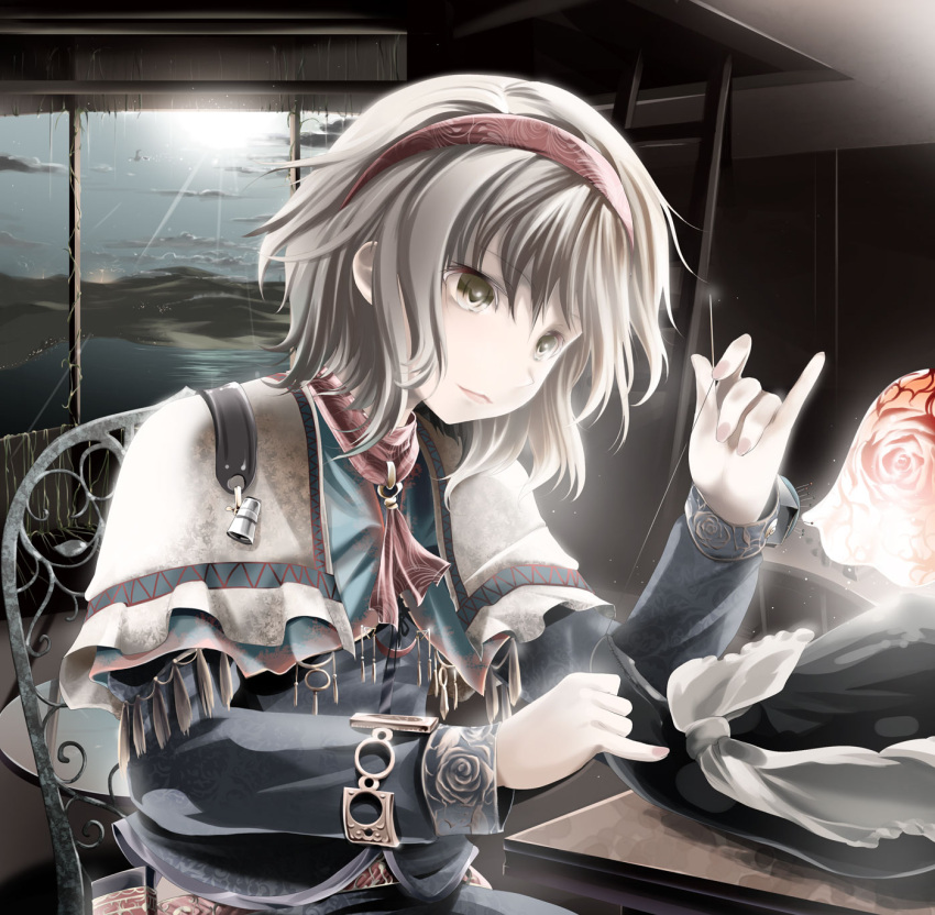 alice_margatroid, blonde_hair, brown_eyes, bust, capelet, chair, embellished_costume, hairband