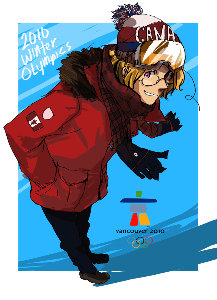 2010_winter_olympics, ahoge, axis_powers_hetalia, beanie, blonde_hair, canada, canada_(hetalia), canadian_flag, coat, flag, goggles, hand_in_pocket, hat, jacket, male, olympics, parka, plaid, purple_eyes, scarf, smirk, tartan, tehryu, violet_eyes