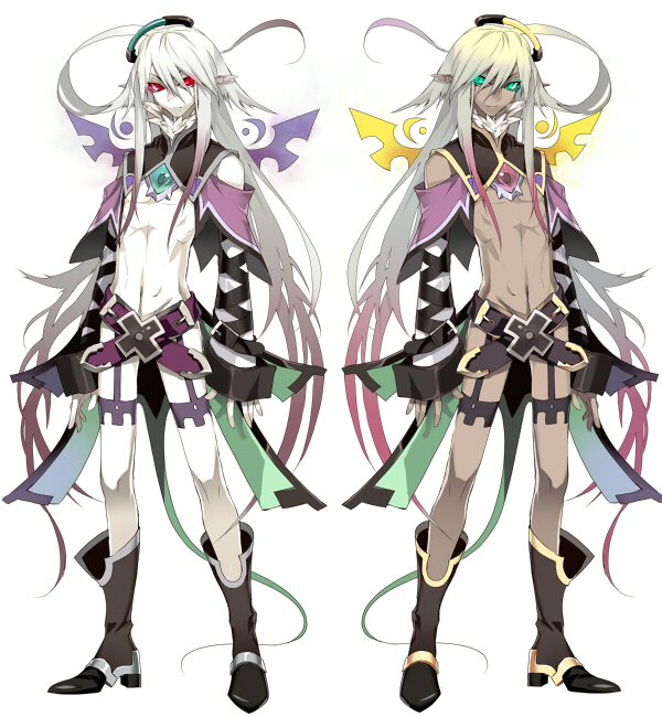 2boys, albino, bare_shoulders, belt, blonde_hair, boots, buckle, garters, gradient_hair, green_eyes, hachizowo, long_hair, long_sleeves, male, midriff, multicolored_hair, multiple_boys, original, pink_hair, red_eyes, silver_hair, simple_background, white_background, white_hair