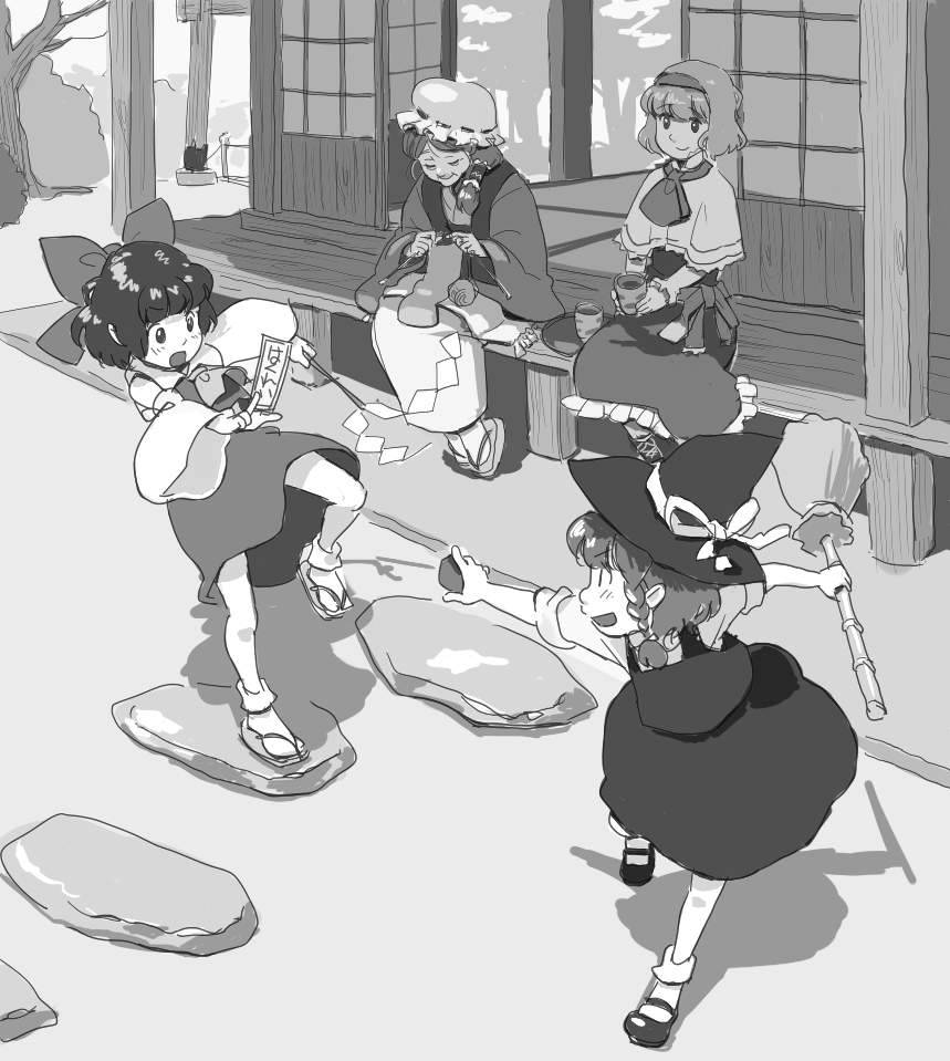 4girls, alice_margatroid, bow, broom, child, fighting, geta, gohei