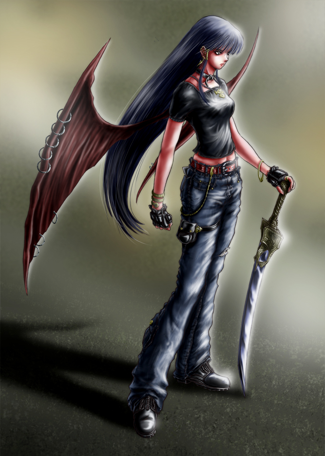 1girl, blue_hair, blush_response, bracelet, collar, demon_wings, duplicate, female