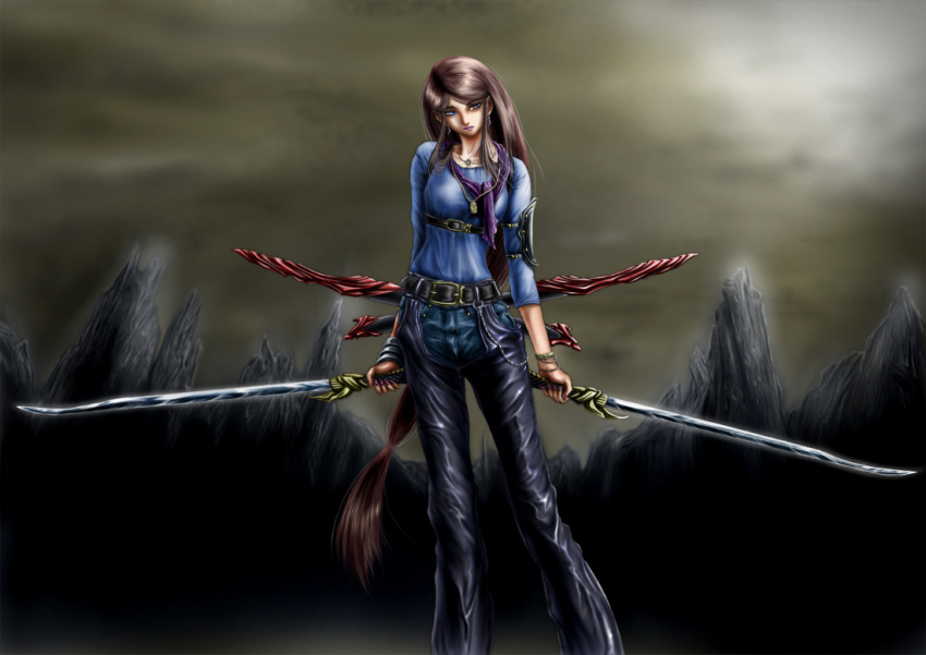 blue_eyes, blush_response, bracelet, brown_hair, chain, chains, chaps, dual_wielding, duplicate, earrings, jeans, jewelry, long_hair, necklace, original, scabbard, scarf, sheath, solo, sword, very_long_hair, weapon